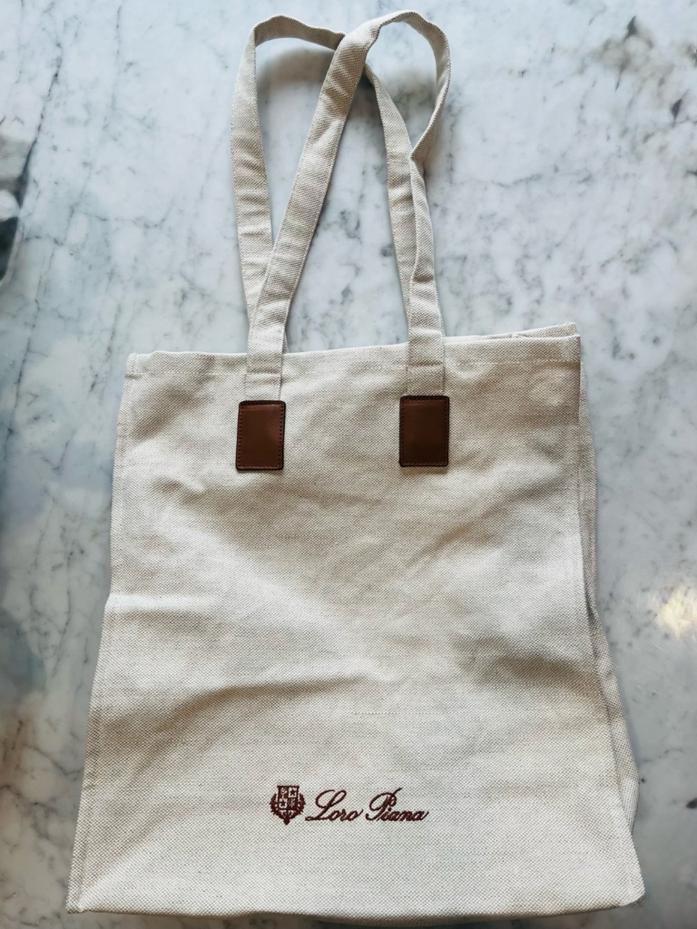 Loro Piana Cream Canvas Tote with Brown Leather Accents and Embroidered Logo